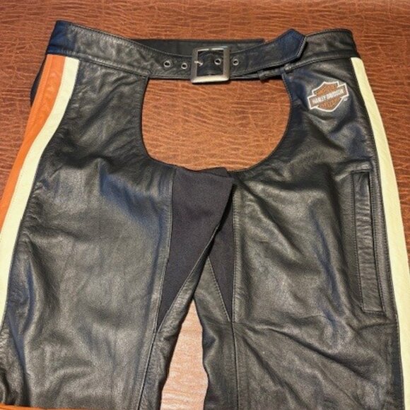 Woman's Harley Davidson Leather Chaps - Black and Orange - Size M - Picture 2 of 10